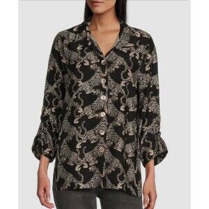 John Mark Tiger Print Button Up Down Shirt Womens Size Medium Novelty Cats Work
